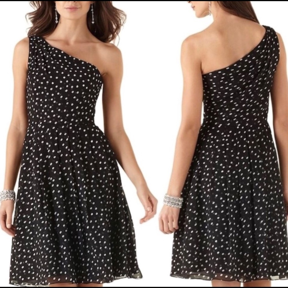 White House Black Market One Shoulder Polka Dot Dress